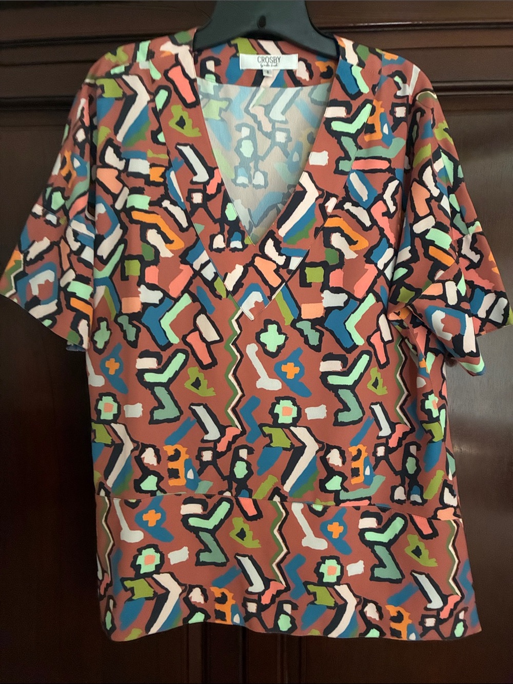 CROSBY by Mollie Burch Rust Multicolor Abstract V-Neck Short Sleeve Top size S